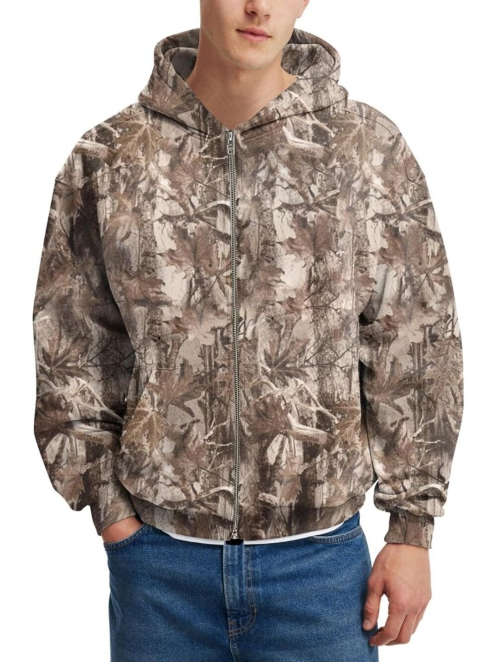 Men's Camo Zip-Up Hoodie Fleece Jacket, Oversized Long Sleeve, Maple Leaf Print